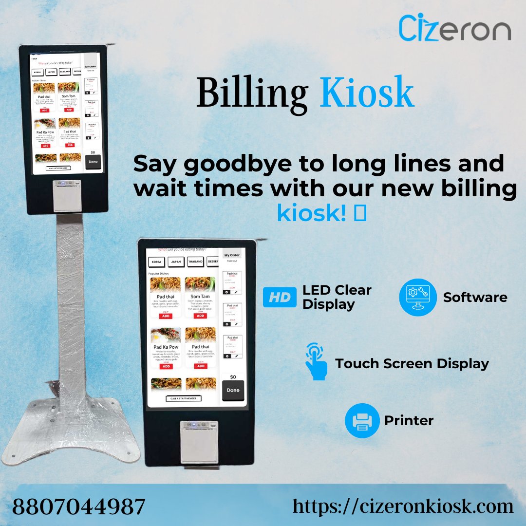CizeronK's tweet photo. Say goodbye to long lines and wait times with our new billing kiosk!

With its easy-to-use touchscreen interface, you can quickly and efficiently pay for your purchases without having to wait in line. 📈

 just have a look at our website - https://t.co/ZtbOXEvzm3 https://t.co/1flFkGD1Mx