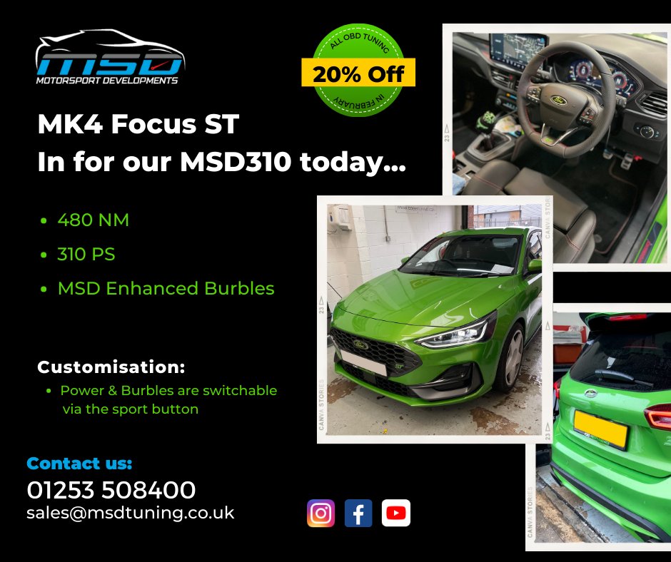 Motorsportdev's tweet photo. A lovely MK4 Ford Focus ST280 we had in recently for our MSD310 with switchable power modes, giving the car 310PS and 480NM of torque. Perfect...
#Motorsportdevelopments #evolutionchips #MSDtuning #OBDremap #focusst #ST280 #fordecoboost #ecoboost #remapped https://t.co/0ishSxYrD8