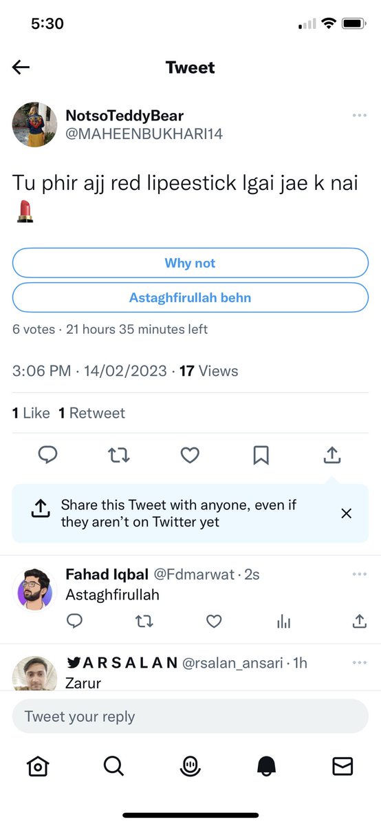 Fdmarwat's tweet photo. @MAHEENBUKHARI14 Even look at twitter’s suggestion. https://t.co/HWl2xoo9dm