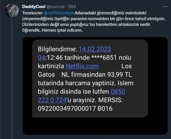 HSevkiTopuz's tweet photo. netflix deprem bölgesindeki insanlardan hala ücret mi tahsil ediyor yoksa bu iki (@currruk, @burkkca) depremzede yalan mı söylüyor?

bağışladığınız yardım parasını depremde zarar gören insanlardan mı topluyorsunuz?

 @netflixturkiye https://t.co/VMONhh0Yrv