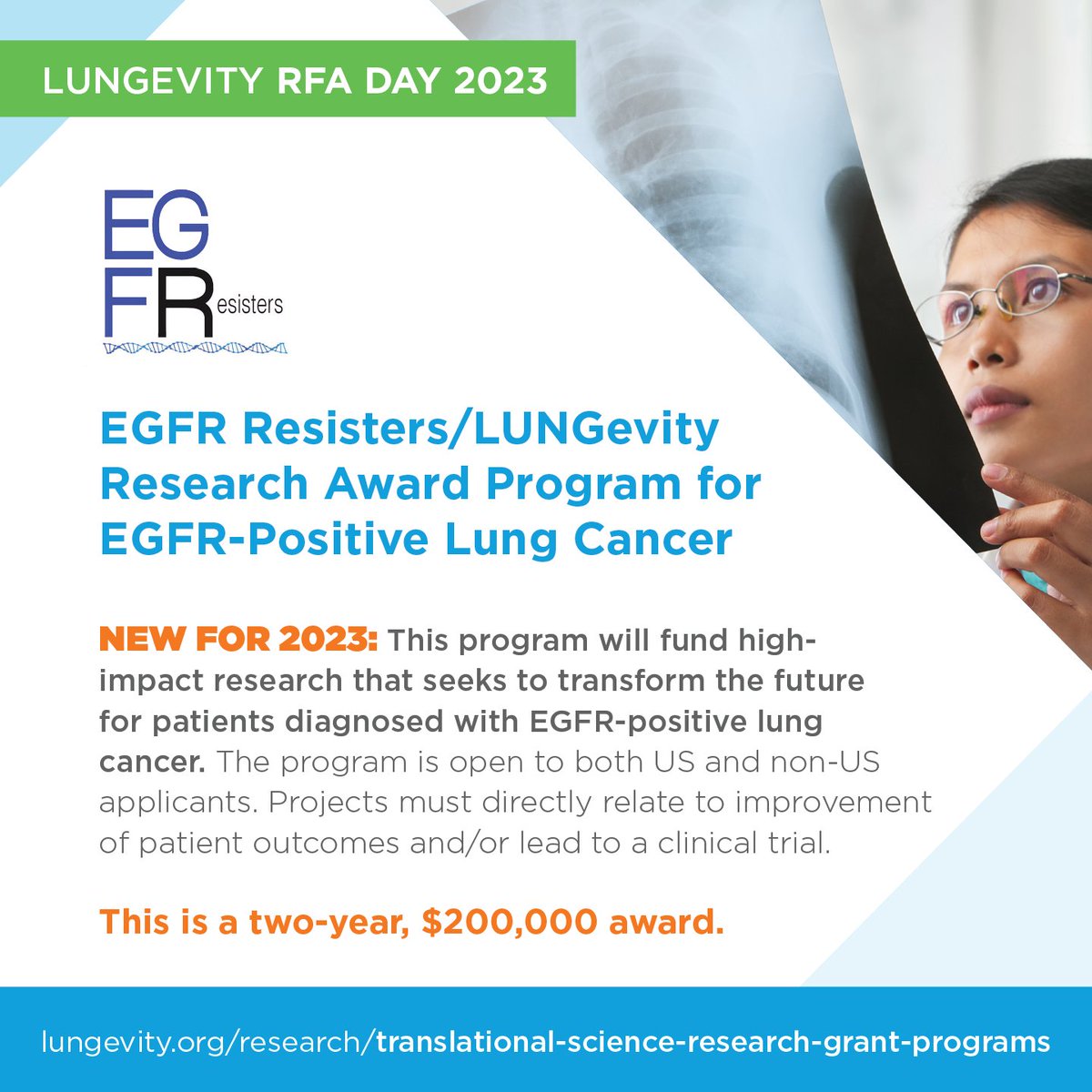 LUNGevity is proud to partner w/ @EGFRResisters to support the Research Award Program for EGFR+ #LungCancer. Accepting applications now for this 2yr, $200,000 award. For more information and to apply, visit bit.ly/2X7P3na

#RFADAY #RFA #cancerresearch #LUNGevityResearch