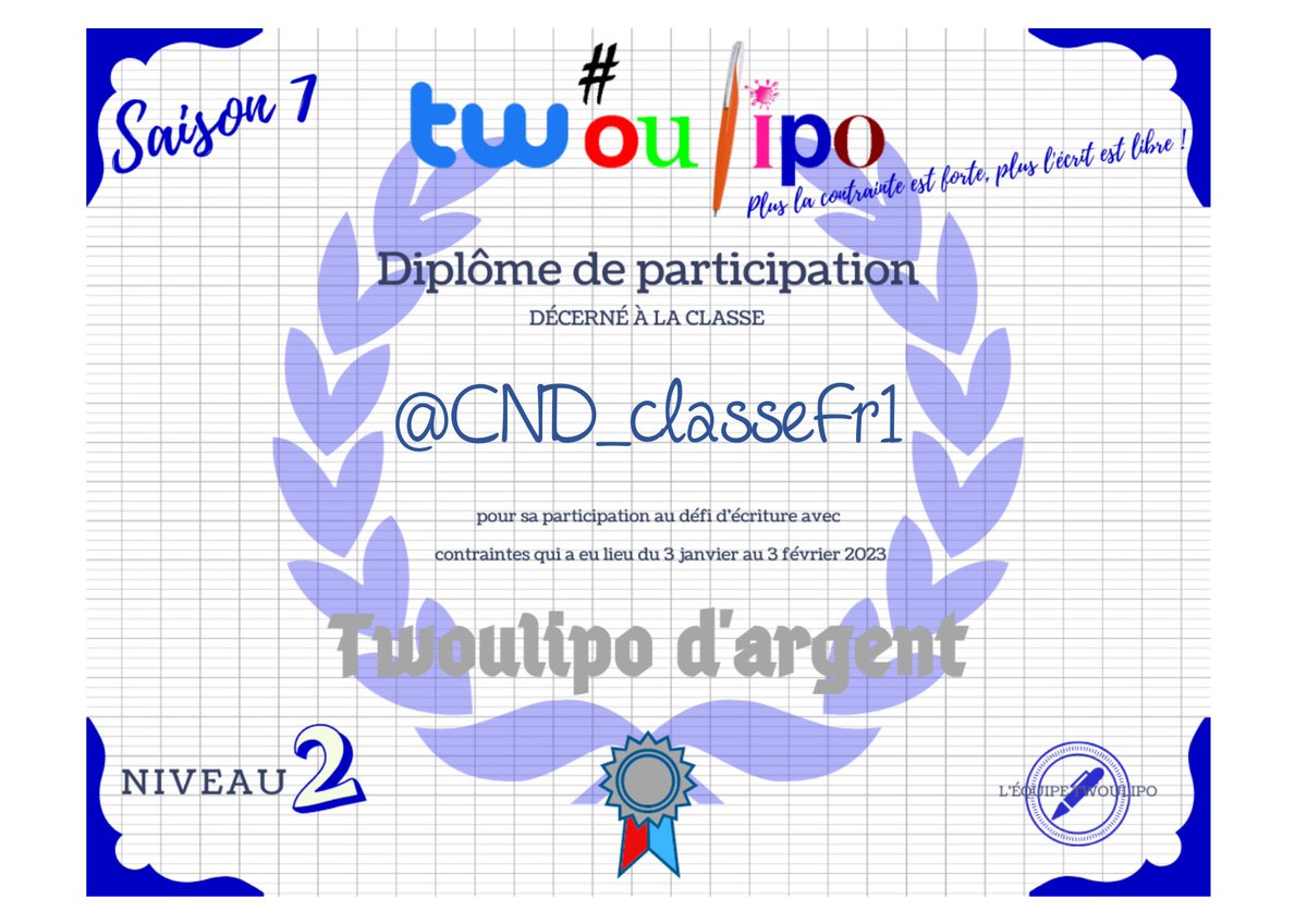 tw_oulipo's tweet photo. 1/2
Bravo à toutes les classes de l'#EQ37  de #twoulipo pour ces 4 semaines de productions de grande qualité ! 
Félicitations à tous , voici les différents diplômes !
@segpa_sveil
@5eAsegpaMalraux
@5aclasse
@CND_classeFr1
@SegpaFG
@BricquebecFr https://t.co/dd56s8XMoS