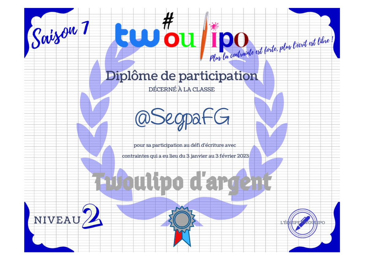 tw_oulipo's tweet photo. 1/2
Bravo à toutes les classes de l'#EQ37  de #twoulipo pour ces 4 semaines de productions de grande qualité ! 
Félicitations à tous , voici les différents diplômes !
@segpa_sveil
@5eAsegpaMalraux
@5aclasse
@CND_classeFr1
@SegpaFG
@BricquebecFr https://t.co/dd56s8XMoS
