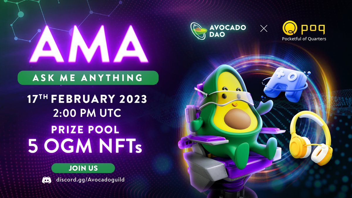 Avocadoguild's tweet photo. Join us for an enlightening AMA with @POQuarters as we delve into the realm of Quarters and illuminate the revolutionary possibilities of blockchain gaming!✨

Pocket your best questions in our poq-ama discord channel and you could walk away with 1 of 5 dazzling OGM NFTs🎁 https://t.co/kVU9eaSPN8