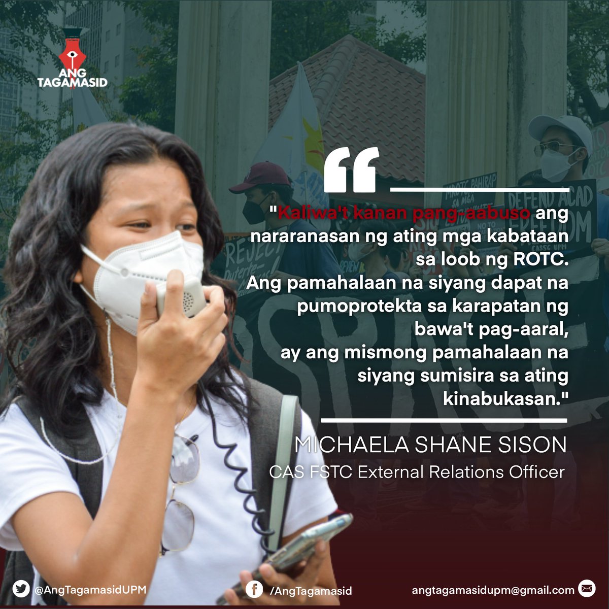 AngTagamasidUPM's tweet photo. ICYMI: Pahayagan ng mga lider-estudyante kahapon sa #FirstDayRage ng UP Manila. Pinupuna nila ang mga pagtatangka ng estado sa militarisasyon ng mga kampus sa gitna ng isang krisis sa kalusugan at edukasyon.
#NoToMandatoryROTC
#DoBetterUP
#ExpandBasicStudentServices https://t.co/YYZ19QNrm6