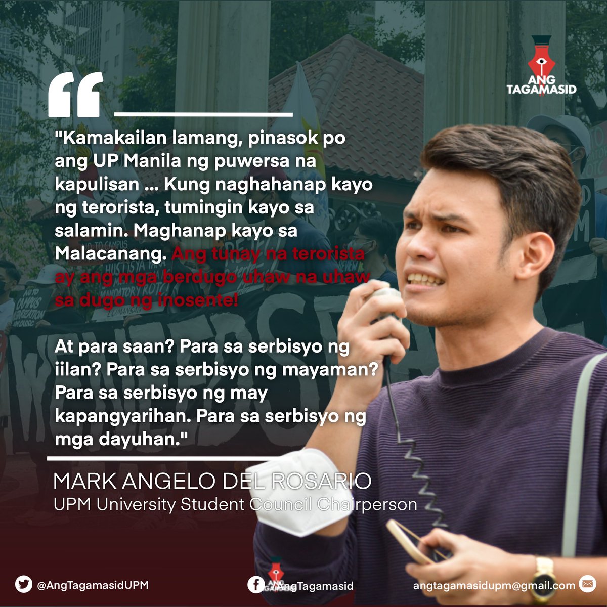 AngTagamasidUPM's tweet photo. ICYMI: Pahayagan ng mga lider-estudyante kahapon sa #FirstDayRage ng UP Manila. Pinupuna nila ang mga pagtatangka ng estado sa militarisasyon ng mga kampus sa gitna ng isang krisis sa kalusugan at edukasyon.
#NoToMandatoryROTC
#DoBetterUP
#ExpandBasicStudentServices https://t.co/YYZ19QNrm6