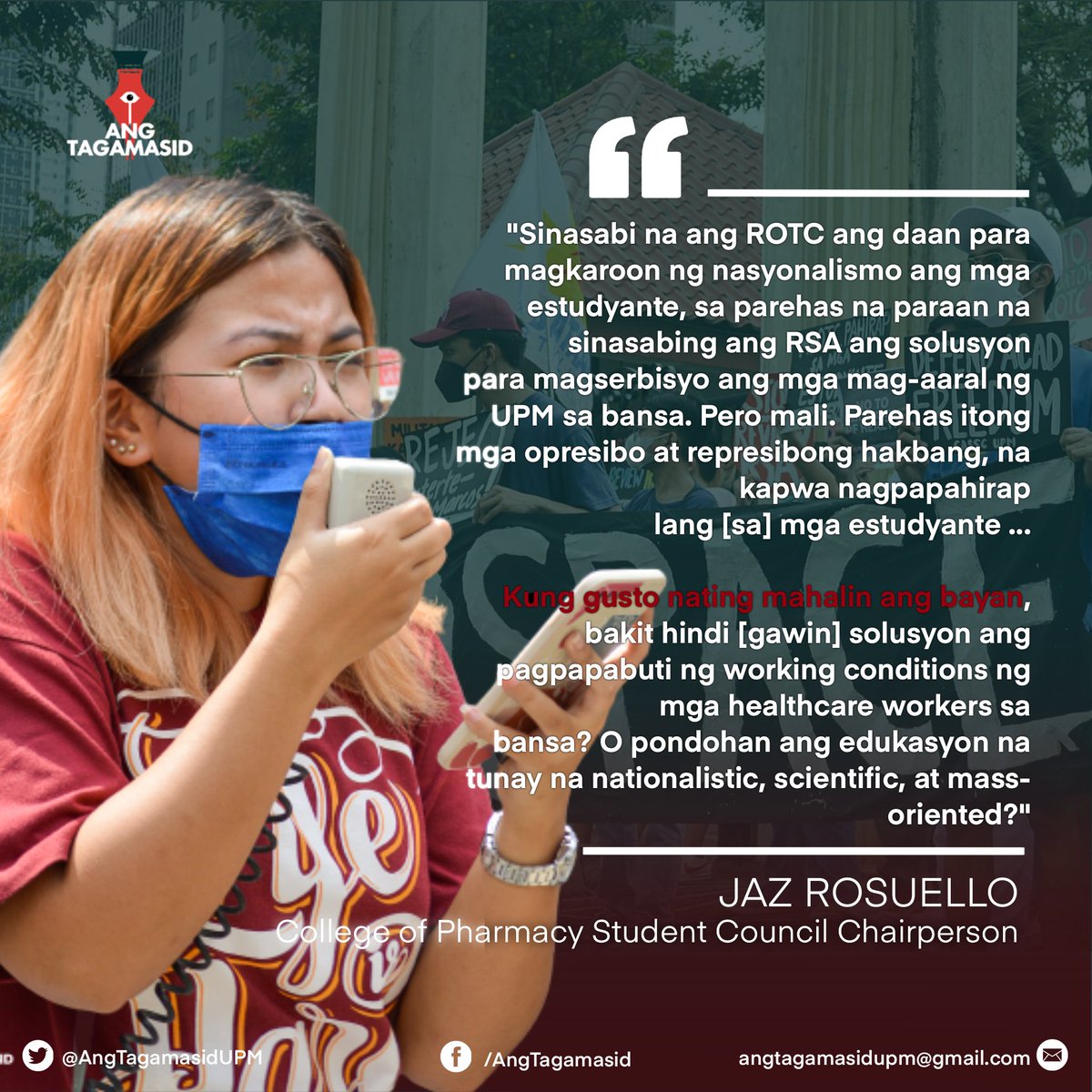 AngTagamasidUPM's tweet photo. Pinapanawagan din nila ang isang ligtas at dekalidad na pagbabalik sa mga on-site na klase.
Disenyo ni Alyssa Lorenzo
#FirstDayRage
#NoToMandatoryROTC
#DoBetterUP
#ExpandBasicStudentServices https://t.co/cHzYDUSr3V
