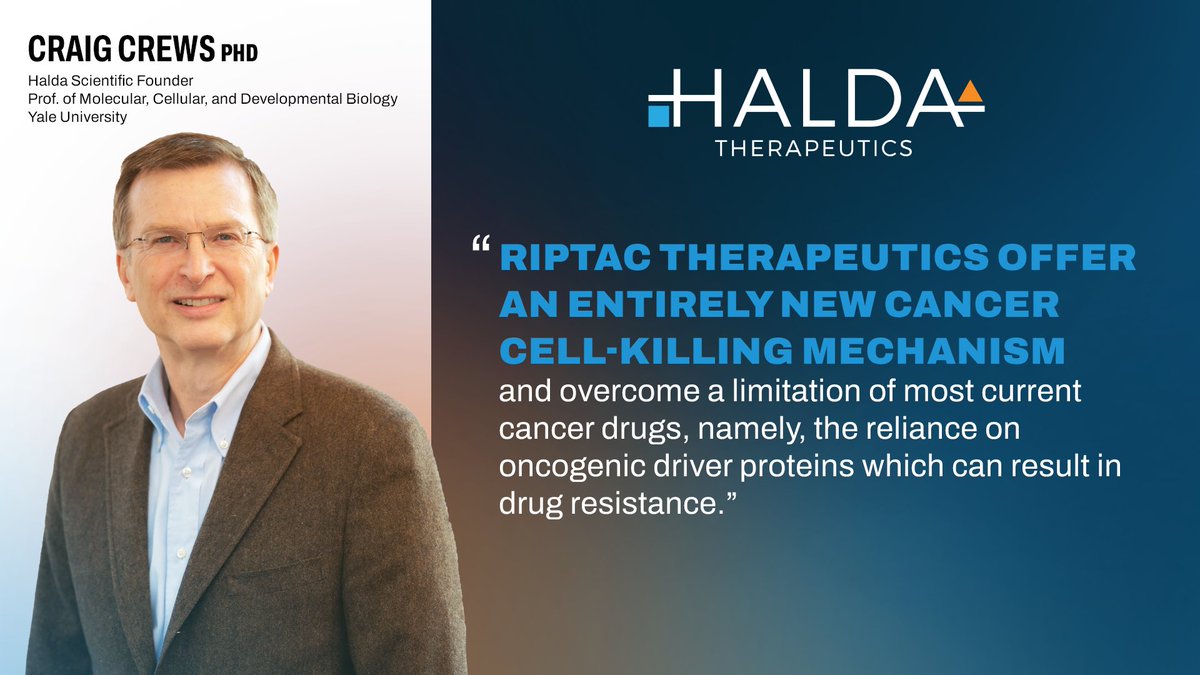 HaldaTx's tweet photo. Halda’s novel RIPTAC™ modality is an evolution of the work of its scientific founder, Prof. Craig Crews, and his Yale lab’s multi-decade pioneering of heterobifunctional small molecule medicines. 
#HoldandKillCancer
https://t.co/t1j5vRPrpv https://t.co/0gFw2XhWQb
