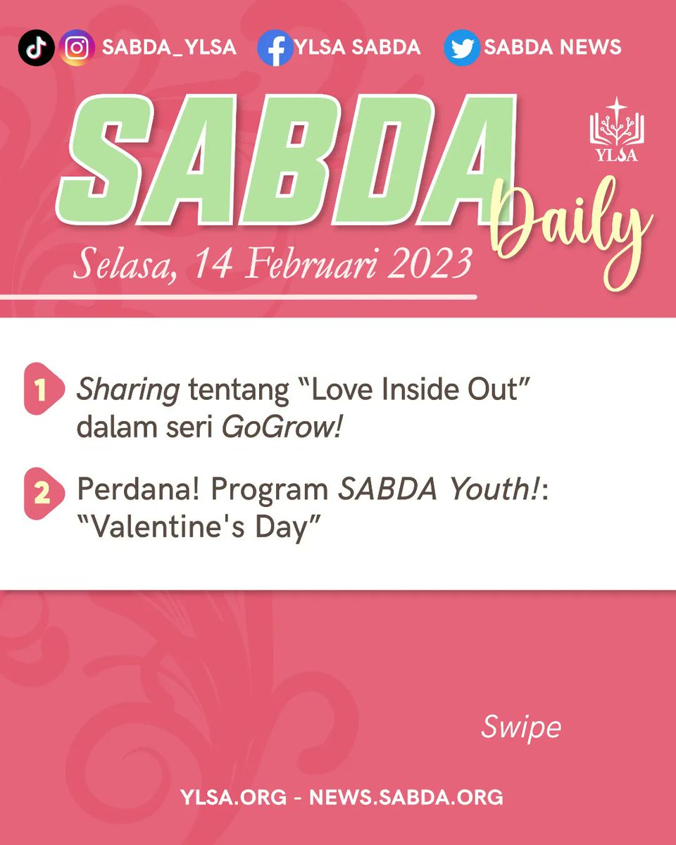 sabda_ylsa's tweet photo. Shalom Sahabat SABDA.
Hari ini, ada beberapa info hangat yang terjadi di SABDA. Yuk, simak infonya dalam SABDA Daily 14 Februari 2023!
Untuk mendapatkan info selengkapnya, mari kunjungi https://t.co/uBRpNvuUjd!
#news #SABDA #YLSA #DailyUI https://t.co/X6MVf8hMTi