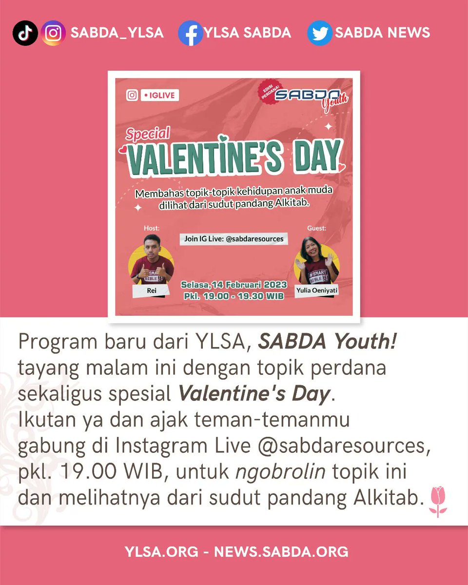 sabda_ylsa's tweet photo. Shalom Sahabat SABDA.
Hari ini, ada beberapa info hangat yang terjadi di SABDA. Yuk, simak infonya dalam SABDA Daily 14 Februari 2023!
Untuk mendapatkan info selengkapnya, mari kunjungi https://t.co/uBRpNvuUjd!
#news #SABDA #YLSA #DailyUI https://t.co/X6MVf8hMTi