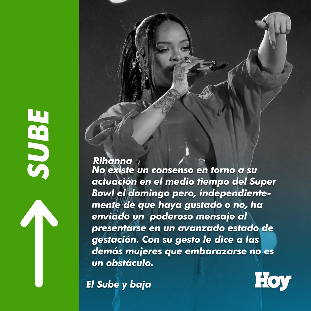 PeriodicoHoy's tweet photo. #ElSubeYBajaHOY | En esta ocasión, Rihanna amanece en verde tras su presentación en el Súper Bowl. 🟢

#PeriódicoHOY #HOYDigital #ElHOY #Rihana #EduardoAlbertoThen #TeoVeras #JairoGonzález https://t.co/hGQPWaZLh6