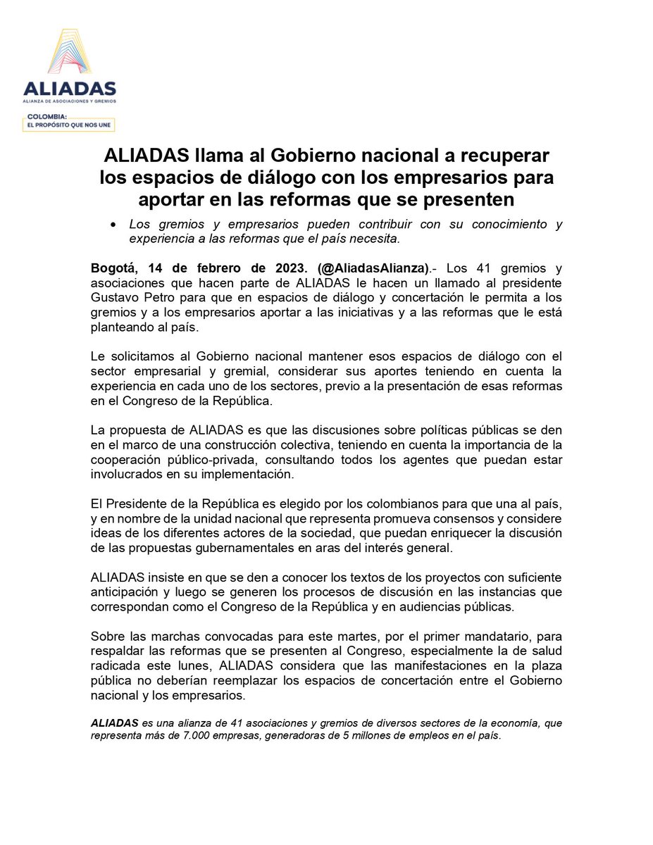 INTERGREMIALant's tweet image. 🟢INTERGREMIAL Antioquia se suma a este llamado 🔽

“Para la alianza #ALIADAS es importante que el Gobierno mantenga espacios de diálogo con los gremios y empresarios, en un ambiente de cooperación público-privada, en la socialización de las reformas antes de su radicación”