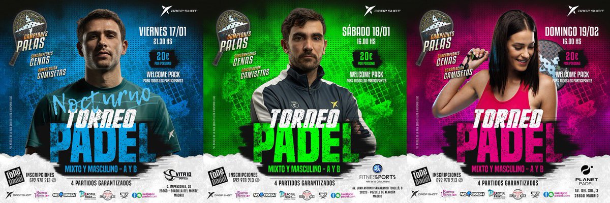 🏆 Viernes 17/2 21:30hs Torneo Mixto &amp; Masculino ( A y B ) “Nocturno” en las pistas climatizadas de <a href="/Vita10Padel/">Vita10 SportClub</a> padelnest.com/torneo/14NUKJF…
🏆 Sábado 18/2 16hs Torneo Mixto &amp; Masculino ( A y B ) en el Valle de las Cañas.
🏆 Domingo 19/2 16hs Torne en <a href="/planetpadelindo/">Planet Padel Indoor</a> #madrid #padel