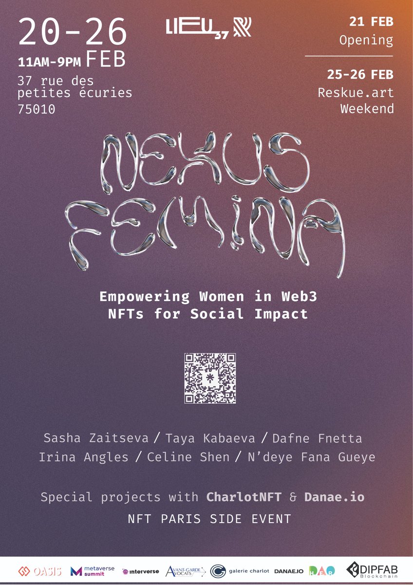cduchinois's tweet photo. 🌸Save the Date 🌸
Join me at #NexusFemina to connect with talented women in Web3 and support great causes through NFT
📍37 rue des Petites Écuries, 75010 
🗓Feb 20-26, 11 am-9pm 
💥Feb 21 : Vernissage &amp; #NFTForGood Talks 
💥Feb 25-26 @ReskueNFT Weekend  
💥@nftparis Side Event https://t.co/cqvyS1LpwL