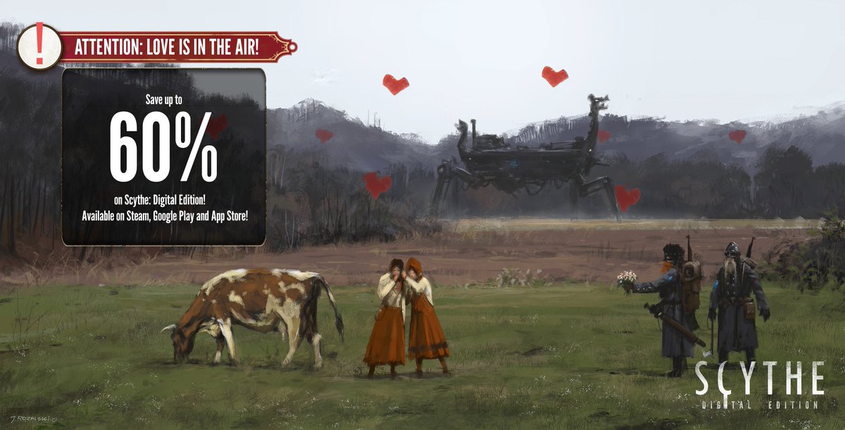 ScytheDigital's tweet photo. 💕 Attention: Love is in the air! 

Today is all about #love, so why not spread it through the world of #Scythe? 
Don't miss out on the opportunity to get your copy of Scythe - save up to 60% on Steam, Google Play and App Store💻📱

 Have a lovely #ValentinesDay! 💕
#gaming https://t.co/GzfWdCi329