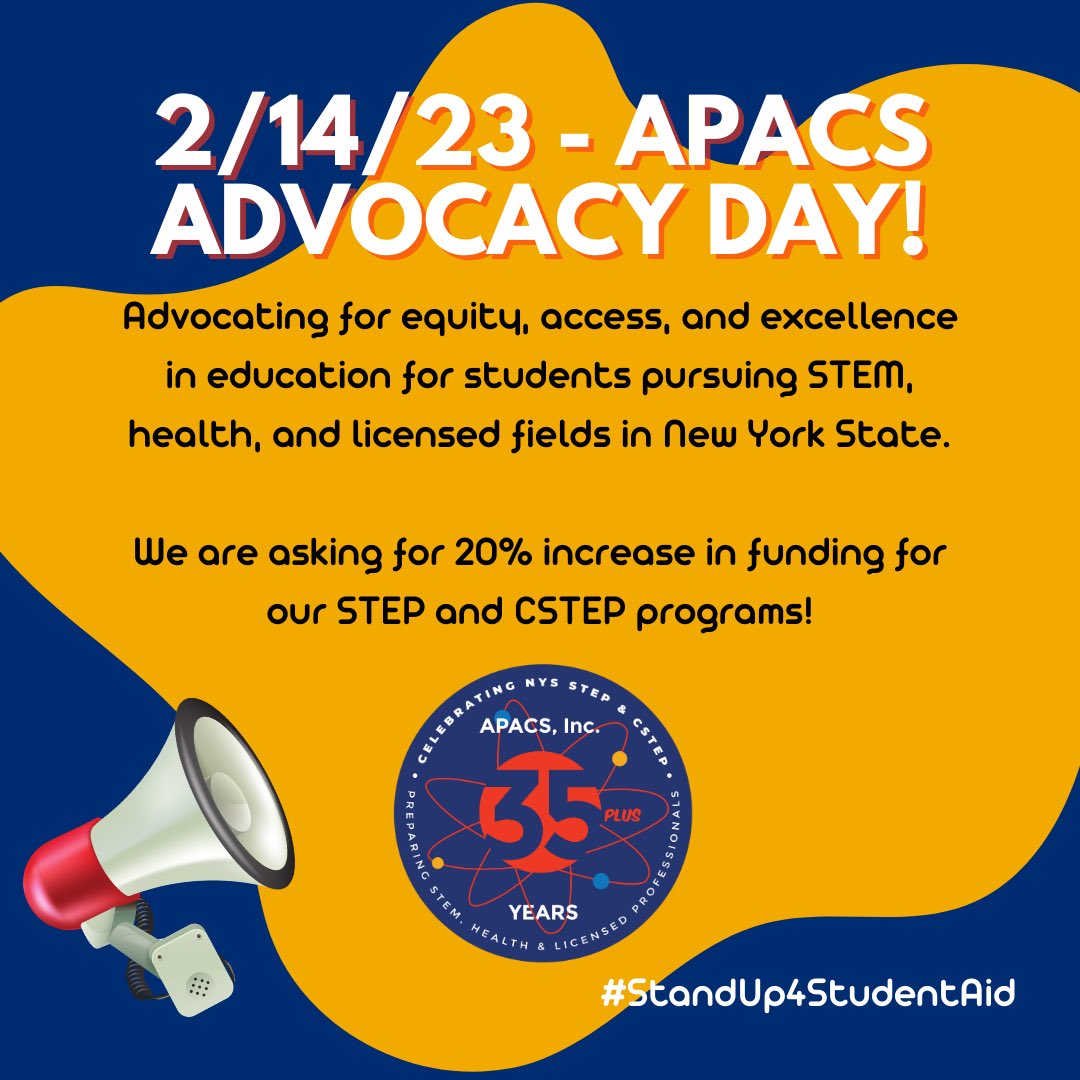 ApacsOrg's tweet photo. Today is the day! Join us in our Advocacy Day campaign!
We are asking our legislators for 20% increase in funding for our STEP and CSTEP programs in New York State. #STEPNY #CSTEPNY 
#StandUp4StudentAid https://t.co/v29pd9XgoD