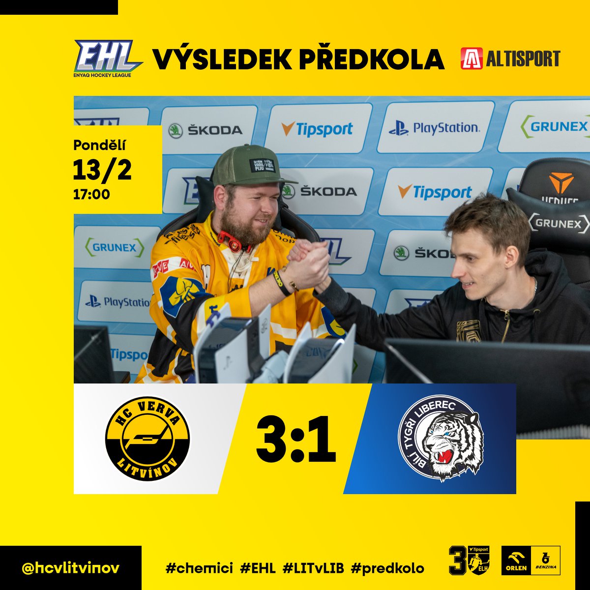 🎮 Včera v podvečer naši gameři porazili Liberec 3:1 na zápasy a postoupili do čtvrtfinále <a href="/esporthokej/">Esport hokejová liga</a>! To odehrají ve čtvrtek proti Českým Budějovicím. Gratulujeme a přejeme hodně štěstí do dalších bojů!