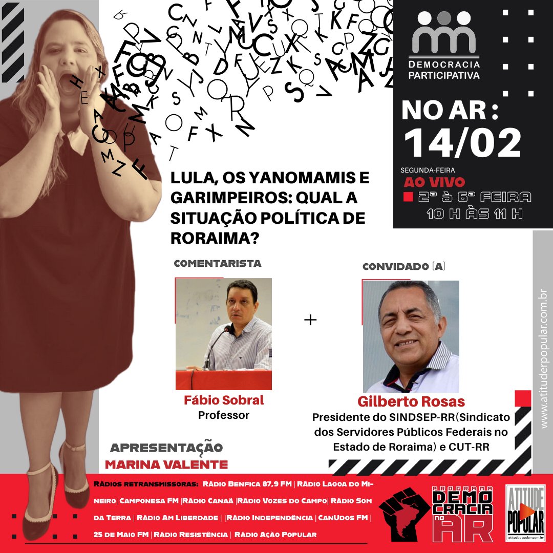 donamegafone's tweet photo. LULA, OS YANOMAMIS E GARIMPEIROS: QUAL A SITUAÇÃO POLÍTICA DE RORAIMA?
Convidado: Gilberto Rosas - Presidente do SINDSEP-RR e CUT-RR
Comentarista: Professor Fábio Sobral
#DemocracianoAr #Yanomamis #Roraima #CutRR #SindsepRR
#MarinaValente https://t.co/7MtnpWjtae