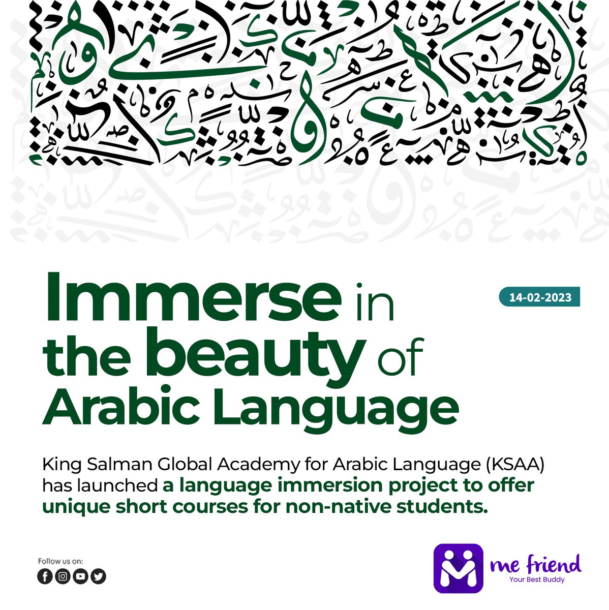 mefriendapp's tweet photo. Immerse in the beauty of Arabic Language
King Salman Global Academy for Arabic Language (KSAA) has launched a language immersion project to offer unique short courses for non-native students.
#مجمع_الملك_سلمان_العالمي_للغة_العربية #KSGAFAL #mefriend
#مشروعات_المجمع https://t.co/SGemLrIoz7