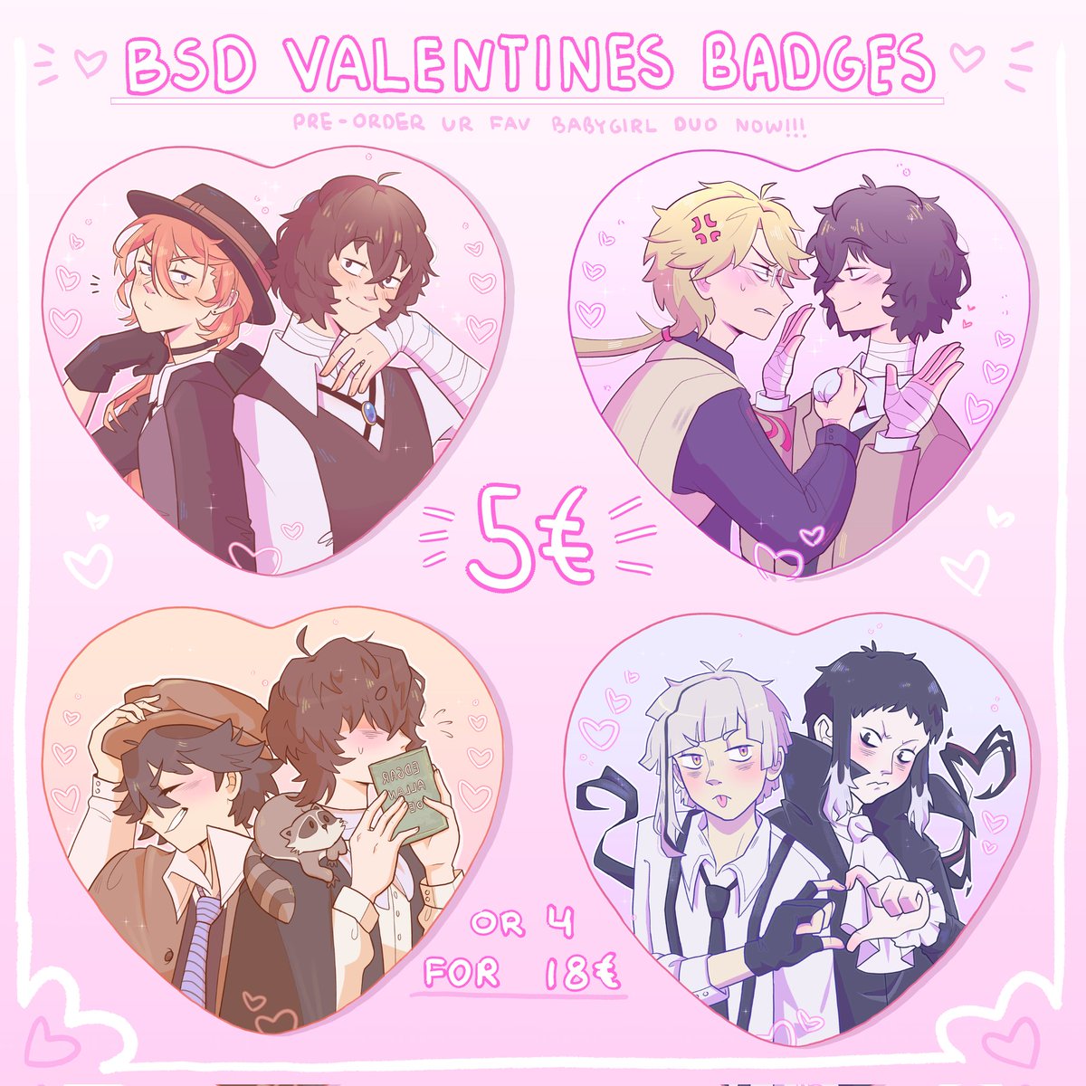 kitkatdrawws's tweet photo. Calling all bsd fans over to my acc rn pspspspspsβοΈβοΈπ±
Heart shaped valentines badges of ur fav babygirl duos available for pre order on my big cartel! https://t.co/aQUCee6mng
#bsdship #shinsoukoku #soukouku #ranpoe #kunikidazai #chuuyaxdazai #ranpoxpoe #kunikidaxdazai https://t.co/HkBAiNRfJp