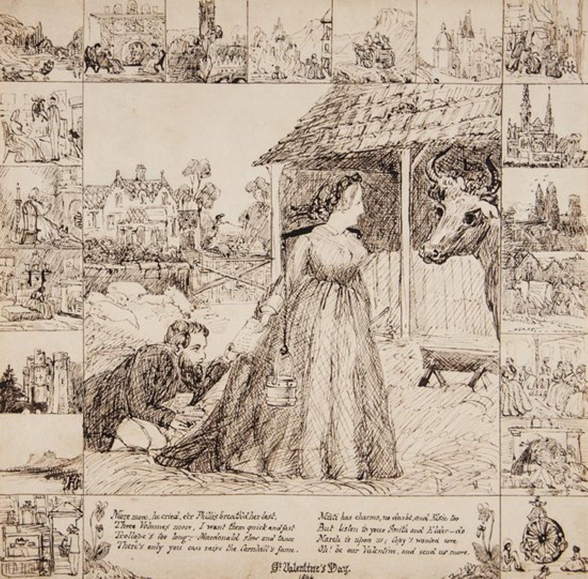 EGaskellsHouse's tweet photo. Elizabeth received this rather unconventional Valentines from her publisher George Smith in 1864. It shows him begging EG to write and not to be distracted by her garden and animals! #ValentinesDay https://t.co/poerrg9KuT