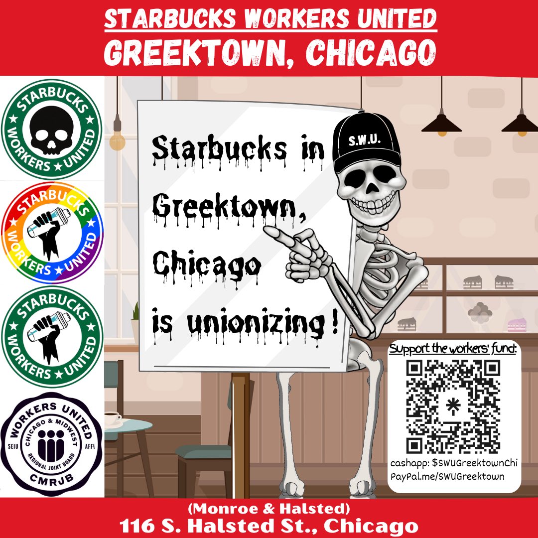 Starbucks in Greektown, Chicago is unionizing with <a href="/SBWUChicago/">SB Workers United Chicago</a> and <a href="/SBWorkersUnited/">Starbucks Workers United</a>! Consider donating to our solidarity fund, sharing our social media, or order coffee under the name, “Union Strong!”