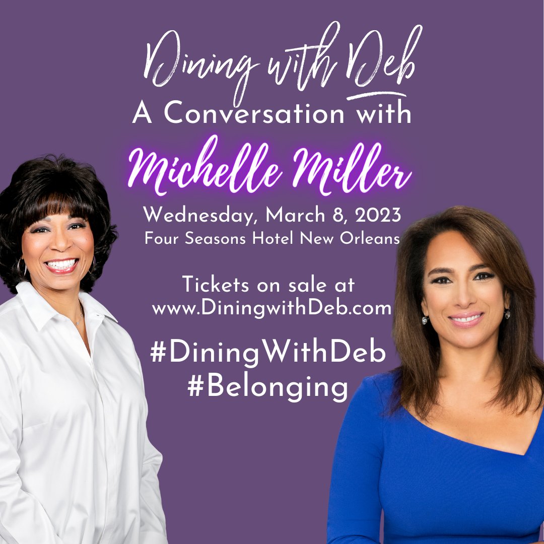DebGrant's tweet photo. Don't miss out on this powerful conversation. Let's help New Orleans former First Lady, @CBSMMiller launch her book tour. It's Ladies Night Out, NOLA style. Get your tickets today at https://t.co/24yTyFDUxF #diningwithdeb #belonging https://t.co/XjDr7XMi9p