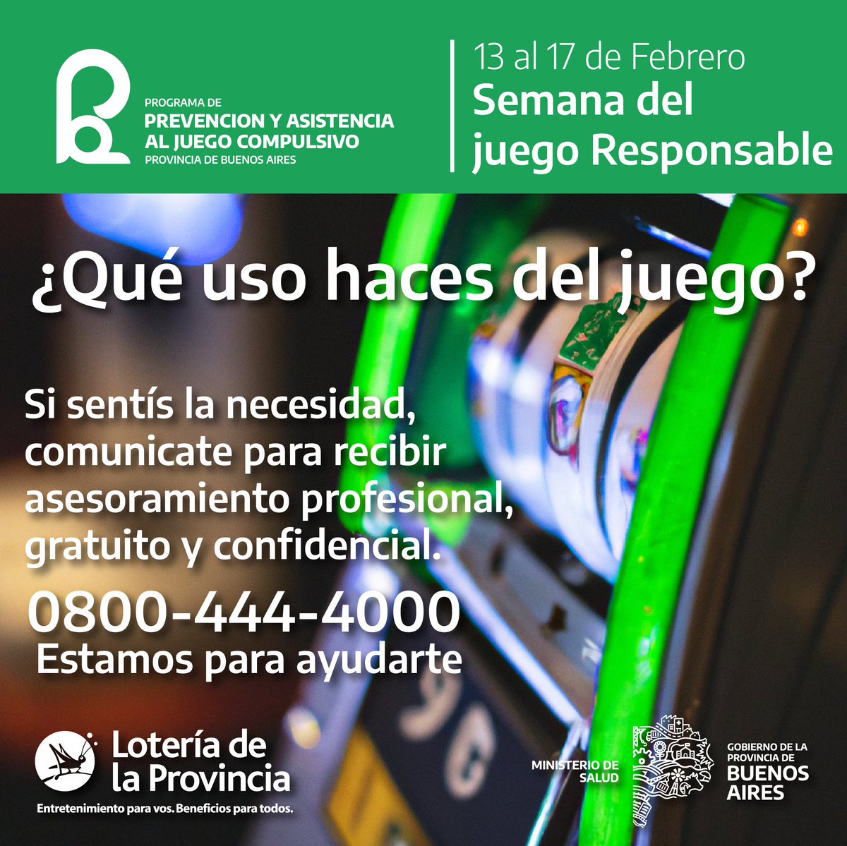 JResponsableBA's tweet image. ✅ Semana del Juego Responsable. 

3️⃣ Tenes tres maneras de solicitar asesoramiento:

📞 Línea telefónica gratuita y confidencial 0800-444-4000, 24 horas/365 días. 

📧 Vía mail: juegoresponsable@loteria.gba.gov.ar 

📍 Consulta presencial en 10 Centros de Atención. 

@LoteriaBA