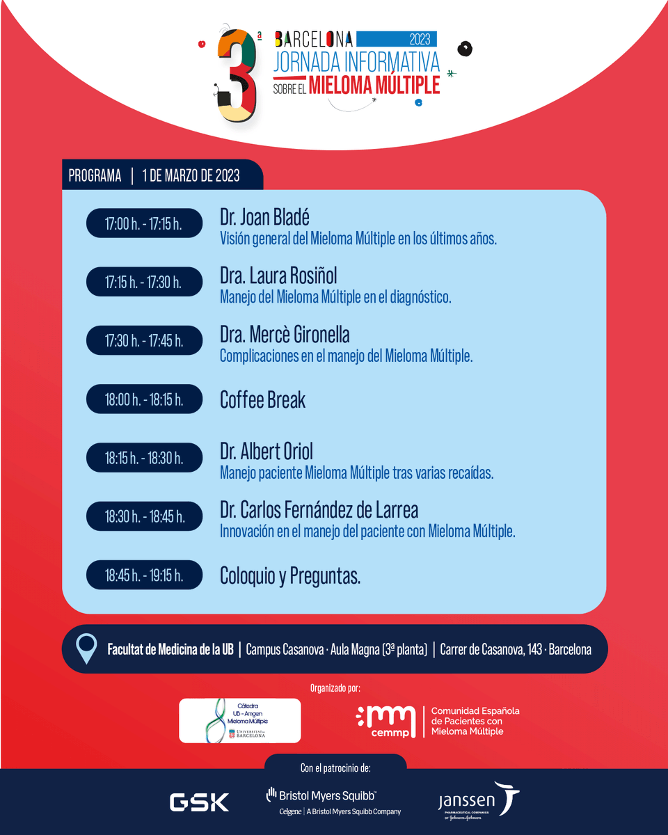 Cemmp_mieloma's tweet photo. ❌ Jornada de Barcelona | 2023
Programa, horarios y la dirección de la Jornada informativa sobre el #MielomaMúltiple que celebramos junto a 5 #Hematólogos expertos en #Mieloma el próximo 1 Marzo.
-
#Hematología #Pacientes https://t.co/Qrh1457tdU