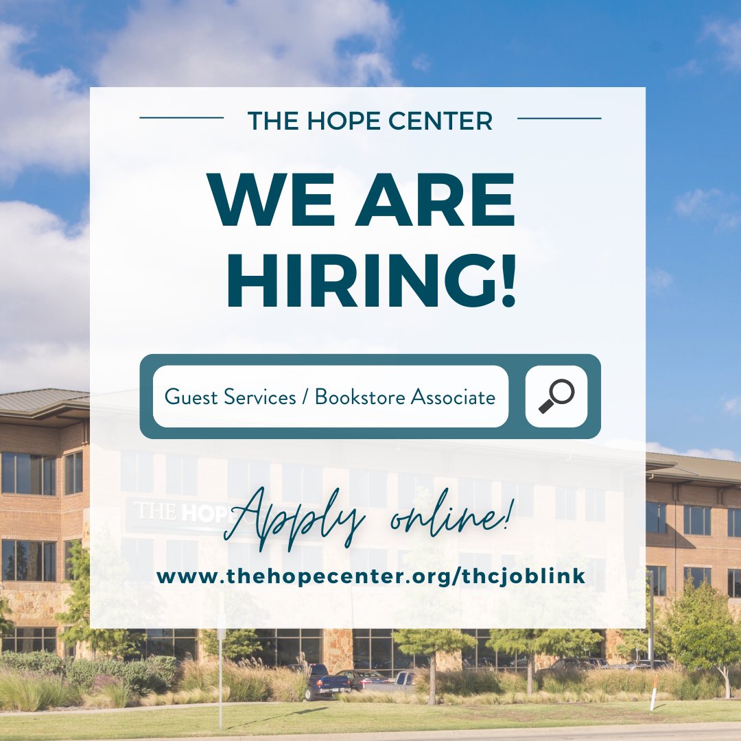 Hope_Center's tweet photo. WE'RE HIRING! 🎉

The Hope Center is seeking an enthusiastic and customer-friendly Guest Services/Bookstore Associate for our front desk - will you help us spread the word?! If you or someone you know is interested, click the link in our bio &amp; apply online today! https://t.co/HArAx24tqd