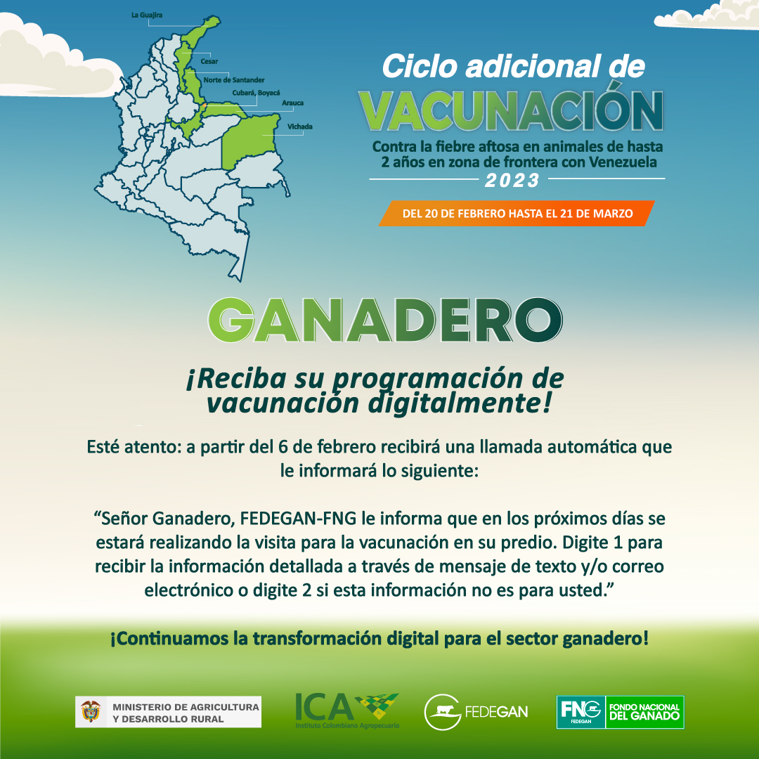 Fedegan's tweet photo. 📣 Estamos próximos a comenzar el 🔔 Ciclo adicional en zona de frontera con #Venezuela en animales de hasta 2 años 💉🐂🐃

📲 Ganadero: reciba la fecha programada para su vacunación a través de una llamada telefónica que le realizará FEDEGÁN-FNG.

@ICACOLOMBIA
@minagriculturacol https://t.co/8WGjOHK0TQ