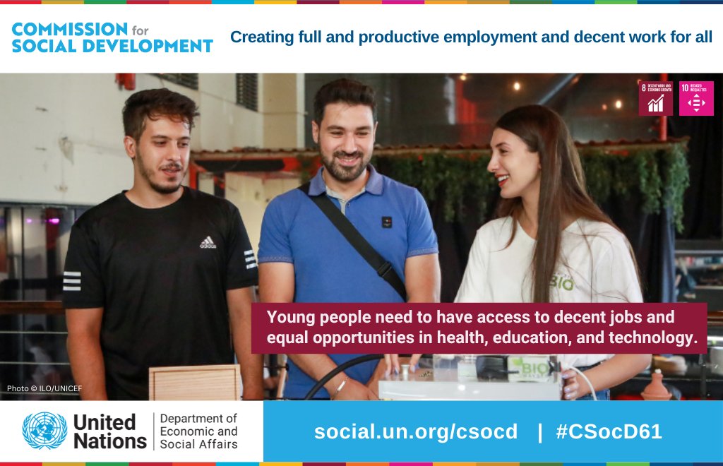 Digital technologies & digital divides have a great impact on youth in the areas of education, employment, & health. Urgent action is needed to support & protect young people.

Follow #CSocD61 for solutions 🇺🇳bit.ly/un-csocd61 #EndInequality #DecentJobs #EveryoneIncluded