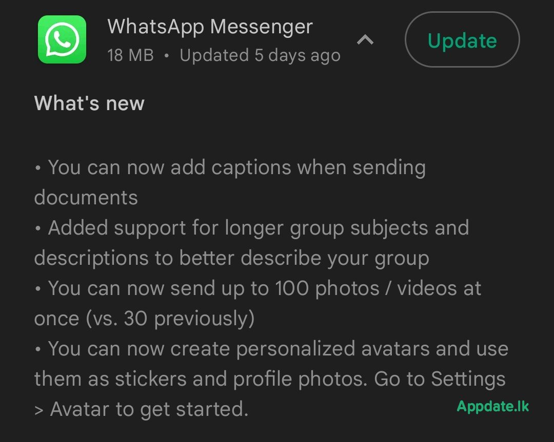 SaadhJawwadh's tweet photo. WhatsApp officially announced some new features.

- Document captions.
- Larger group description and subjects.
- Ability to attach up to 100 media files at once. https://t.co/1fNLCJfq1L