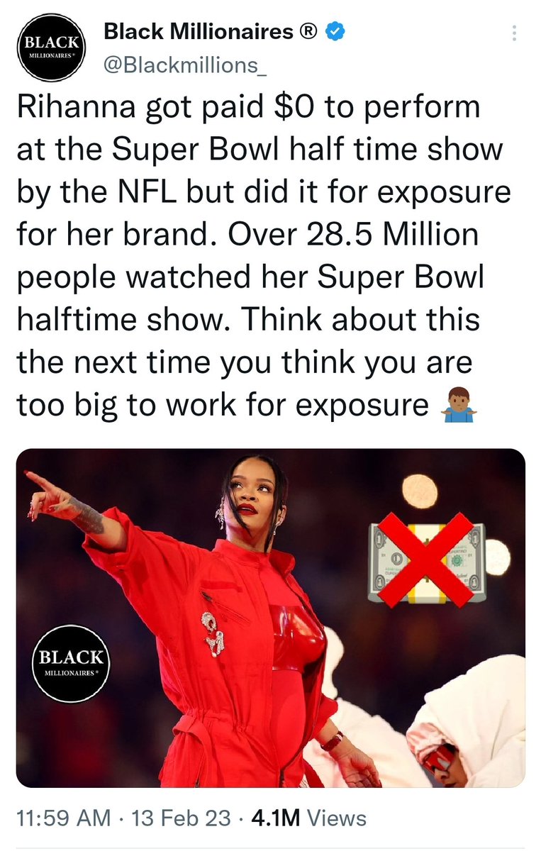 TheGingerarchy's tweet photo. This is great advice, as soon as I'm already a billionaire and am guaranteed to reach an audience of 28.5 million I will be willing to do 13 minutes of work for $0 https://t.co/9pxE9OwHBZ