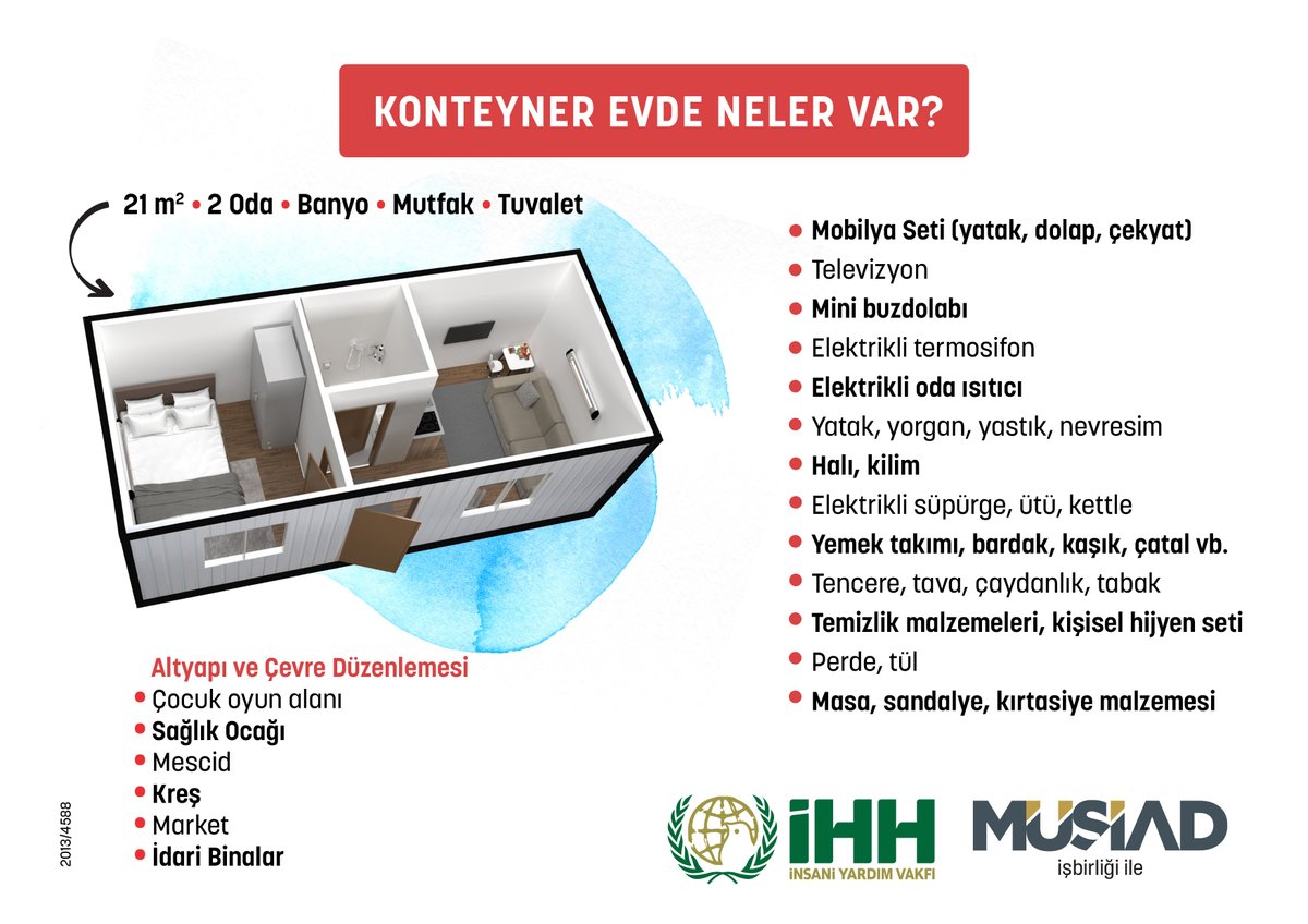 ihhinsaniyardim's tweet photo. 📌"Konteyner Mahalle" projemizde, KDV indirimi ve gelen ayni bağışlar sebebiyle bir konteyner fiyatı 100 bin TL olarak güncellendi.

Projemizi MÜSİAD işbirliği ile eşyalı, mutfak, banyo, tuvaletli ve altyapılı olarak gerçekleştireceğiz.

🌐Detaylar için: https://t.co/e8JFyUpI7h https://t.co/kXR7jAZ7Iu