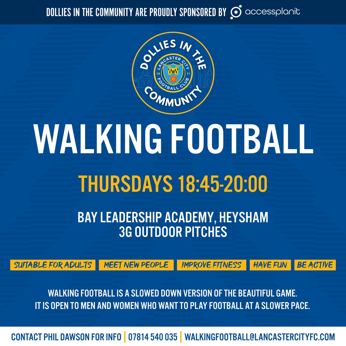 LancasterCityFC's tweet photo. 🚶‍♂️ | 𝗪𝗮𝗹𝗸𝗶𝗻𝗴 ���𝗼𝗼𝘁𝗯𝗮𝗹𝗹 𝗦𝗲𝘀𝘀𝗶𝗼𝗻𝘀

A reminder that our regular walking football sessions take place every Thursday evening @ 18:45 in Heysham.

If you have any questions, don't hesitate to get in touch!

#LCFC • #WalkingFootball https://t.co/tr78PKVNTK