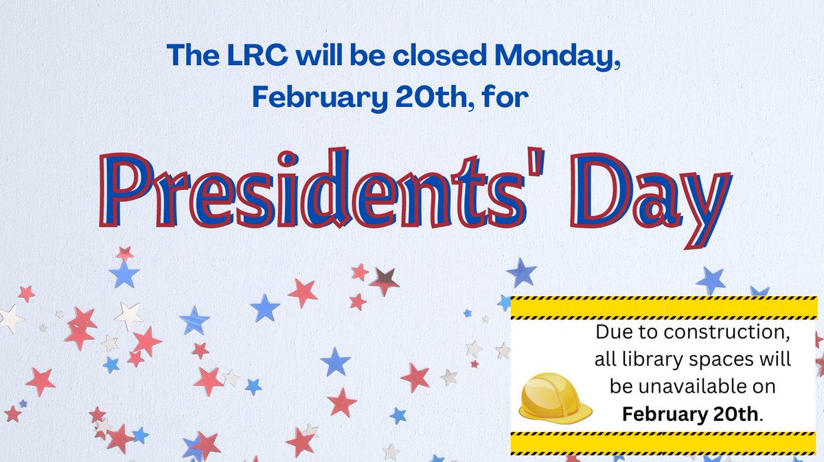 LoganULibrary's tweet photo. Please be aware that the LRC including the computer lab will be closed this coming Monday, February 20th, for construction and in observance of President's Day. https://t.co/UJte6Np6Yd