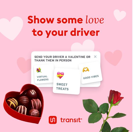 GCRTA's tweet photo. For Valentine’s Day this year, @transitapp is launching a special Rate-My-Ride prompt that encourages riders to “share the love” with transit operators and staff. During their trip, riders can thank their driver with a Valentine’s themed button. https://t.co/qGgMUBivDv