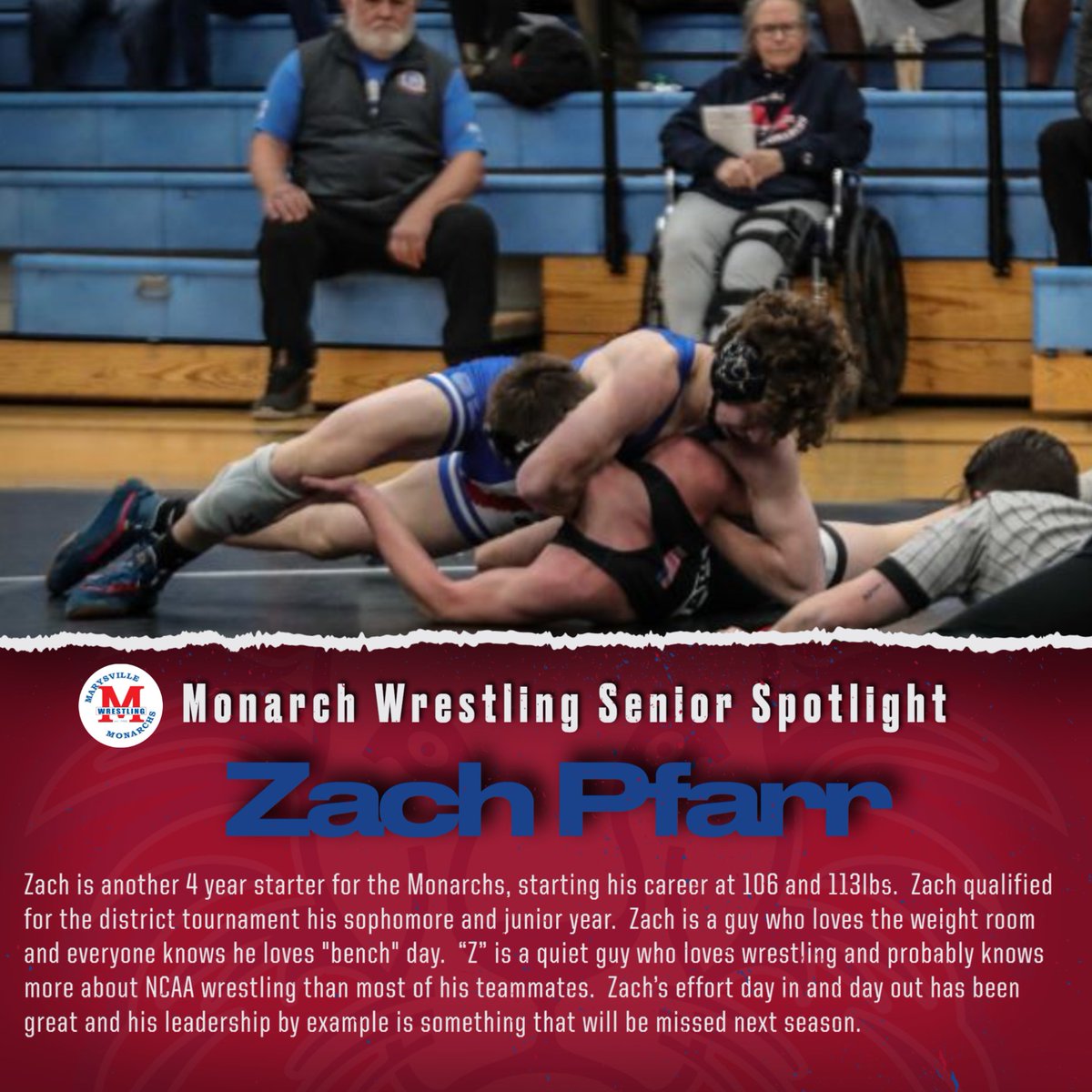 It's Senior Night this Thursday at home, all week we will be featuring our senior wrestlers including starting 138lber Zach Pfarr!
#spotlightmatch 
#packthegym 
#PTBM