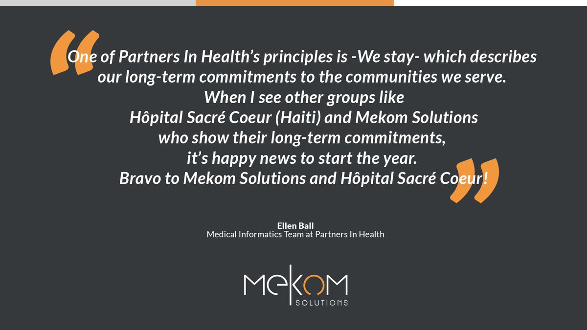mekomsolutions's tweet photo. Ellen Ball @ellenball, from the Medical Informatics Team @PIH, was kind enough to share with us her view of #MekomSolutions commitment with Hôpital Sacré Coeur. Thank you Ellen for your kind words! https://t.co/quNluQKyym
#globalhealth #digitalhealth #digitalsolutions #OpenSource https://t.co/b0ZLBvDsNd