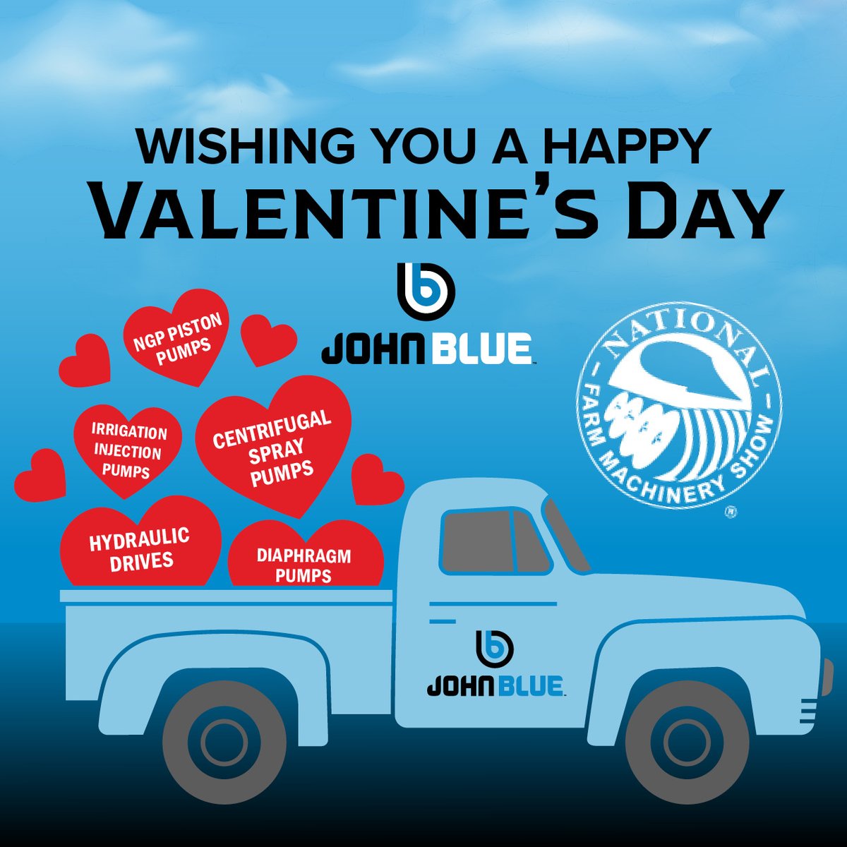 JohnBlueCo's tweet photo. Happy Valentine’s Day! Join us tomorrow at Booth #2708 at the Farm Machinery Show. You’ll LOVE our new products and our flagship pumps! 

#johnblue #pumps #guaranteedtodothejob #nfms22 #nationalfarmmachineryshow https://t.co/iDZm8KXyni