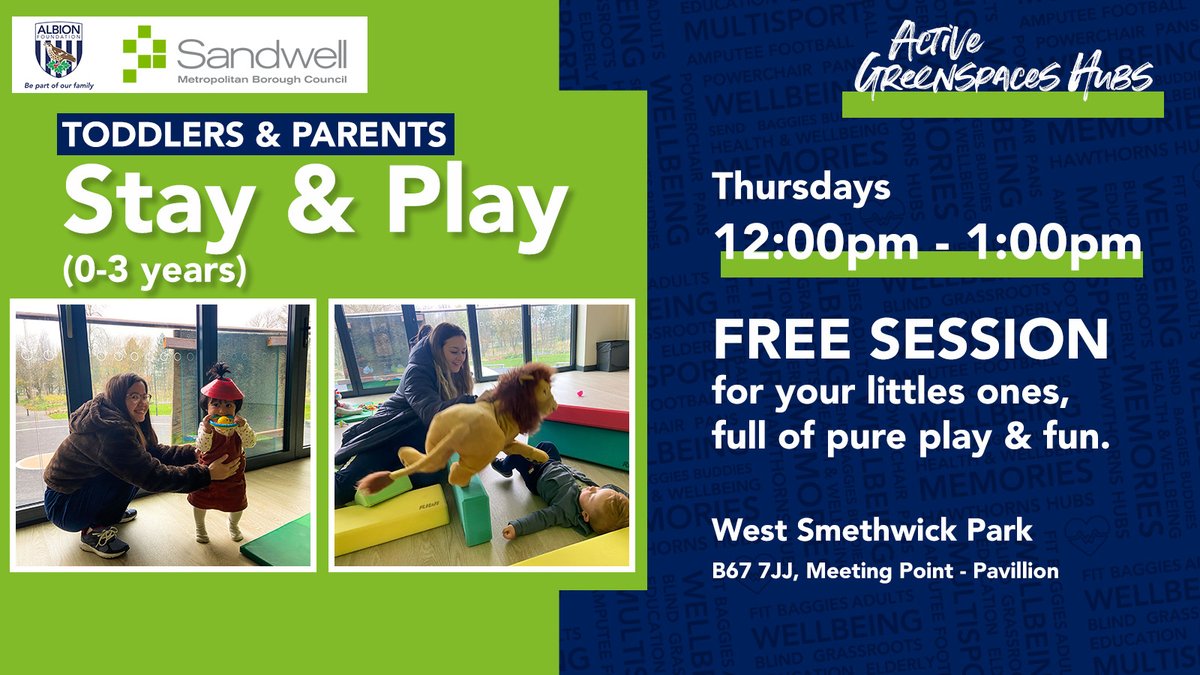 WBAFoundation's tweet photo. Join us on a Thursday for our FREE Play &amp; Stay sessions, for ages 0-3 at West Smethwick Park! 

Drop in for an hour of pure play and fun. 😀

#WBA | @HealthySandwell | #WestSmethwickPark | #movemoresandwell https://t.co/9Q9CmH91Pe