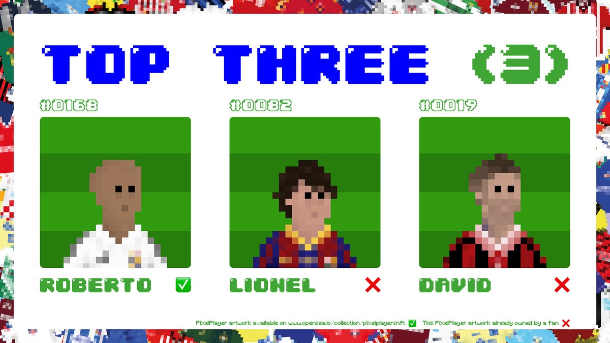 PixelPlayersNFT's tweet photo. Top (3) Debate ⬇️

⚽️ It's 2-2 in the 90+2' minute in a semi-final and a foul is given!

🟩 Who's taking a free-kick on the edge of the box for your team?

#PixelPlayers #Opensea #NFTCommunity #PixelArt https://t.co/jJ79cXoORM