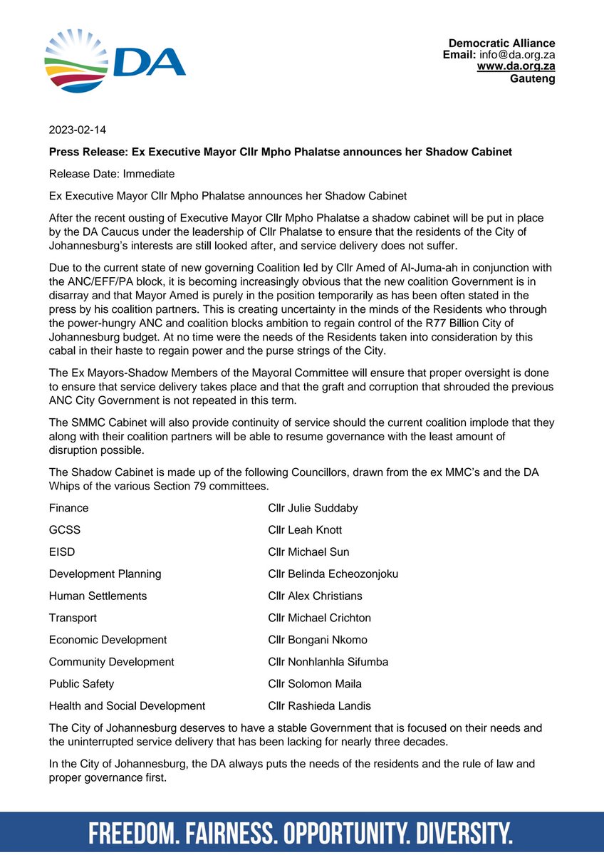📣<a href="/mphophalatse1/">Mpho Phalatse</a> announces DA shadow cabinet

As the official opposition, Shadow MMCs will ensure that proper oversight is done to ensure that service delivery takes place &amp; that the graft &amp; corruption that shrouded the previous ANC City Government is not repeated in this term.