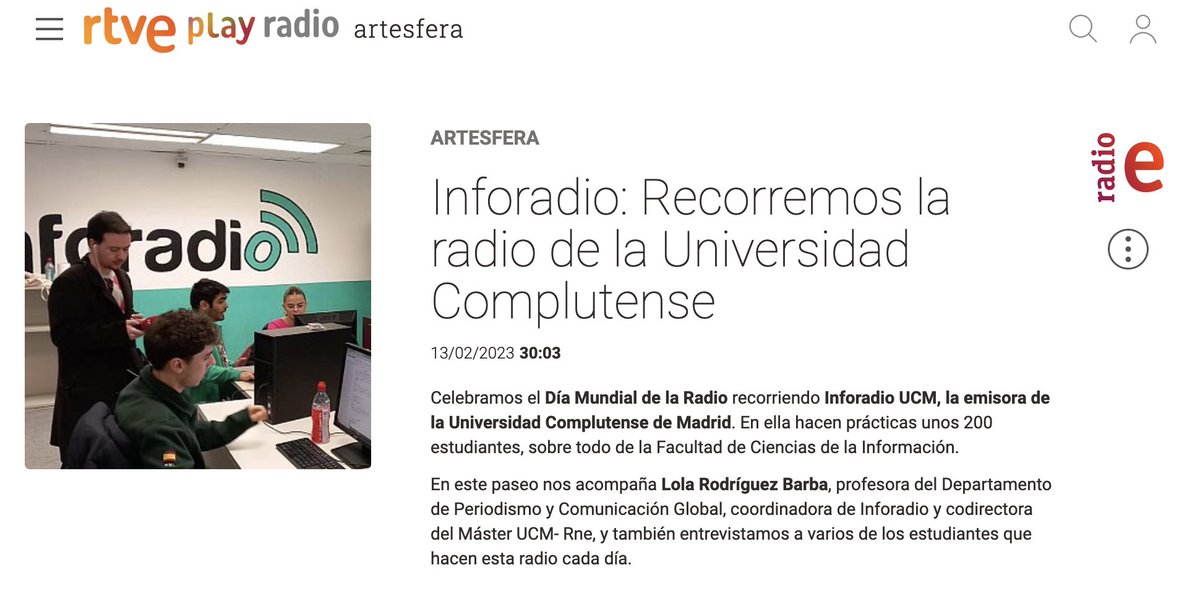 👂📻El lunes, con motivo del #DiaDeLaRadio2023, el programa <a href="/ArtesferaRNE/">Artesfera (RNE)</a> de <a href="/rtve/">RTVE</a> visitó las instalaciones de <a href="/Inforadio_UCM/">Inforadio UCM</a>. Habló con su equipo, con <a href="/LolaRodriguezB/">Lola Rodriguez Barba</a>, coordinadora de #Inforadio y con estudiantes de la Facultad.
Escúchalo aquí: rtve.es/play/audios/ar…