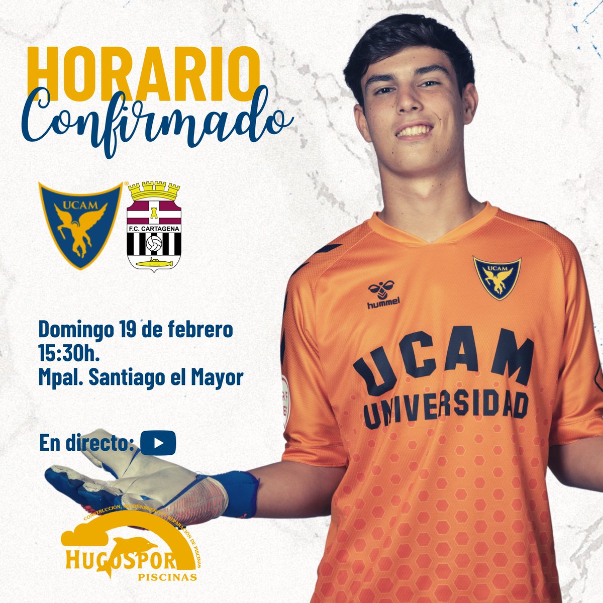 UCAMMurciaCF's tweet photo. ℹ️ 𝐉𝐔𝐕𝐄𝐍𝐈𝐋 𝐀 | ¡Horario confirmado!

🏆 Jornada 21 | Grupo VII | División de Honor.

🆚 @FCC_Cantera 
🗓️ Domingo 19 de febrero.
⌚️ 15:30h.
🏟️ Mpal. Santiago el Mayor.
🎟️ Entrada LIBRE.
📺 #YouTube | UCAM Murcia CF.

#CanteraUCAM https://t.co/j8k1y9l7aG