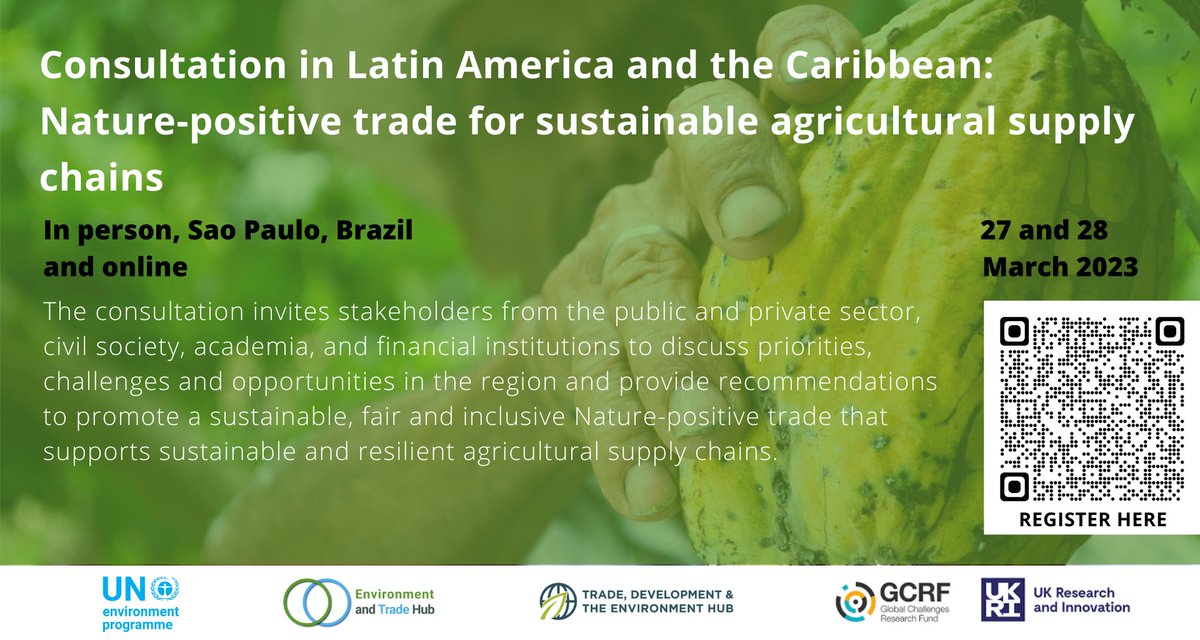 GCRF_TRADE_Hub's tweet photo. Are you from the the public or private sector, civil society, academia, or a financial institution across Latin America and the Caribbean?

If so, join this consultation on promoting fair, sustainable and inclusive trade.

27/28 March 2023
Hyrbid
Register👉🏻https://t.co/RbI7Kjq1Xq https://t.co/PMO1kF1B8O