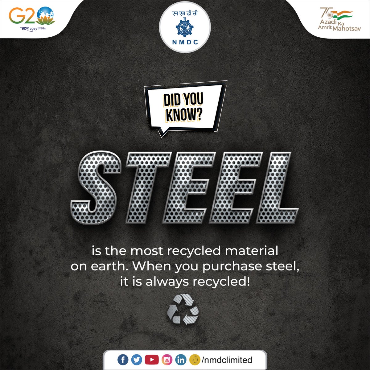 nmdclimited's tweet photo. In its natural form, steel is about 1,000 times stronger than iron. It can be recycled without losing any of this strength, and it can even become stronger by adding galvanized steel strapping
#NMDC #Steel #DidYouKnow #Metalfact https://t.co/ORp9omkzFm