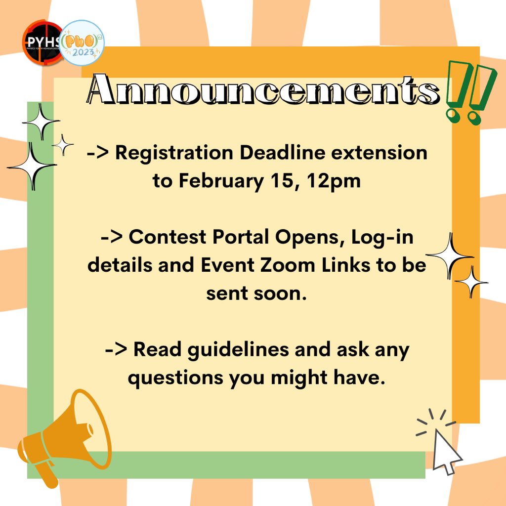 pyhs_pshsmc's tweet photo. Hey everyone! 👋

Here are a few important announcements regarding (PhO)^2: https://t.co/xSPYP1oVgn
