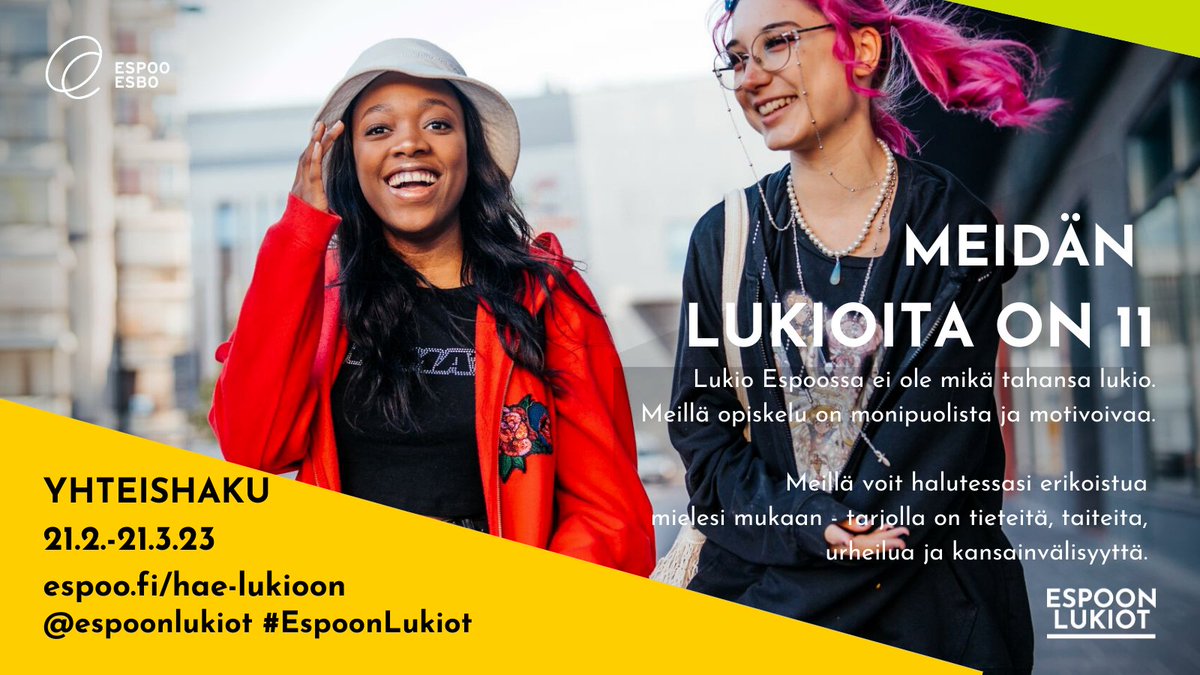 EspooOppii's tweet photo. ⭐️ Meidän lukio. Tieteitä, taiteita, kansainvälisyyttä ja urheilua.
⭐️ Vårt gymnasium. Linjer för vetenskap, konst, idrott och internationell examen.
⭐️ Our school. Sciences, arts, sports and internationality.

#EspoonLukiot #Lukio #Yhteishaku @EspooEsbo https://t.co/3PLQ650XE2